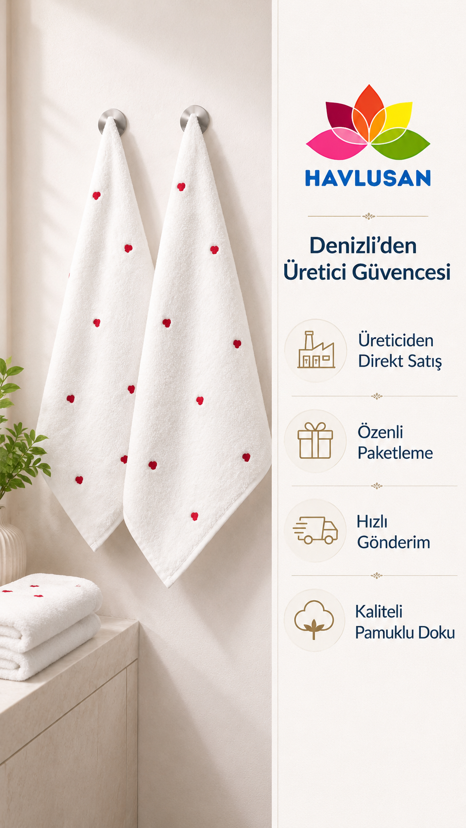 Kalp Nakışlı 2 Adet El Yüz Havlu Seti