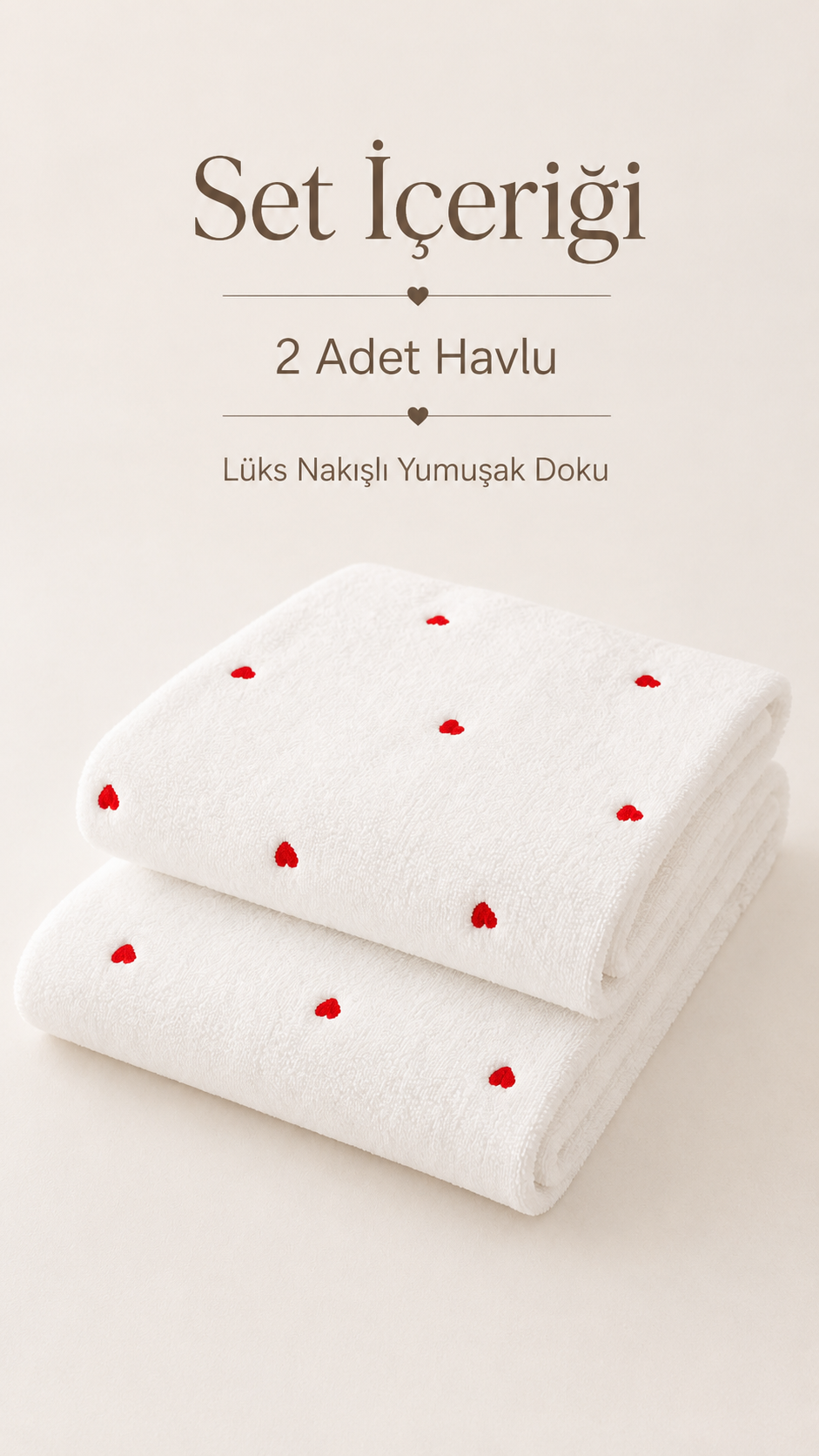 Kalp Nakışlı 2 Adet El Yüz Havlu Seti