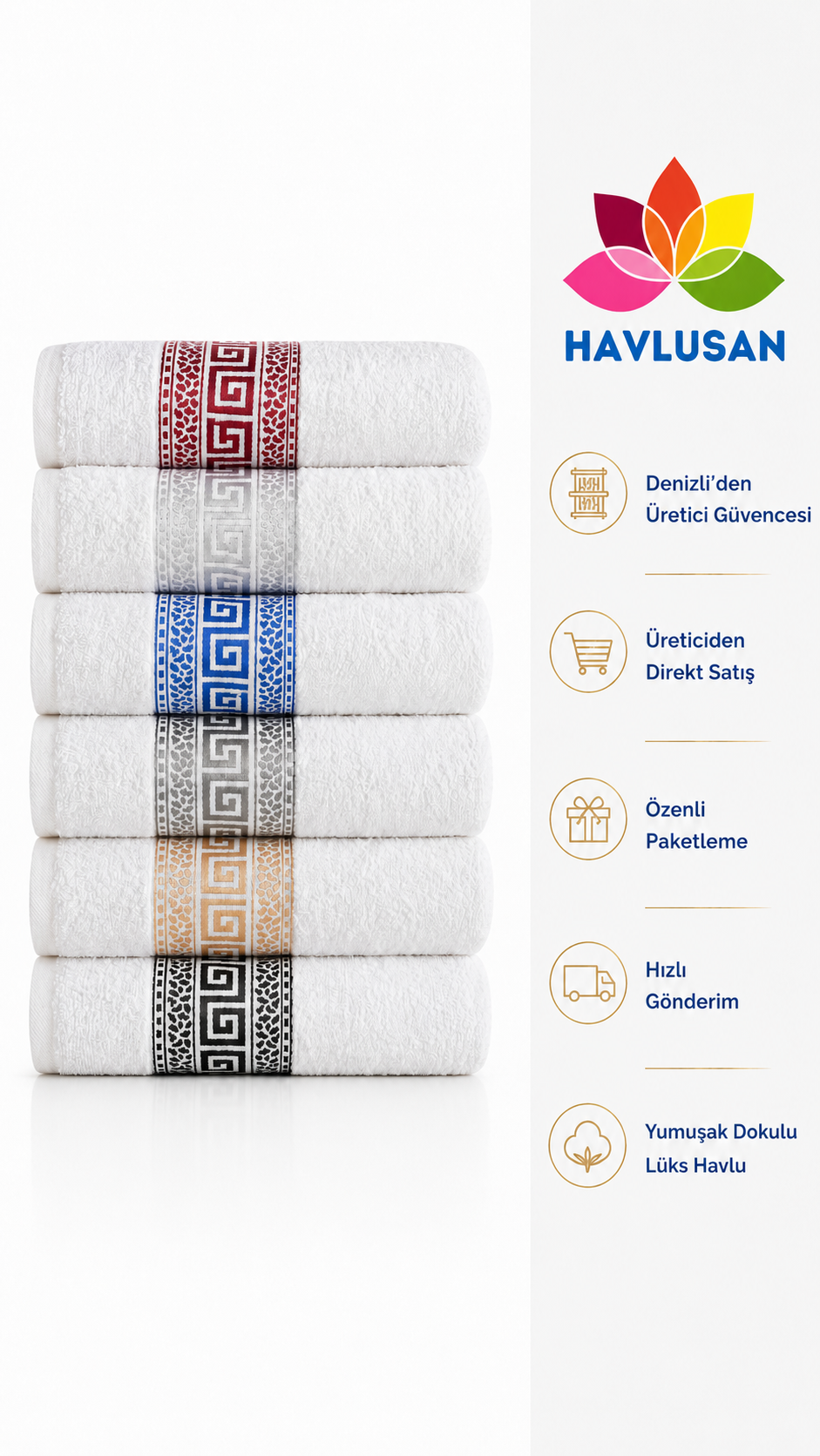Grek Desen Beyaz 6 Adet El ve Yüz Havlu Seti