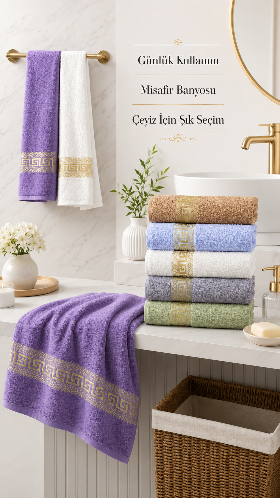 Grek Desen 3 Adet Banyo Havlu Seti