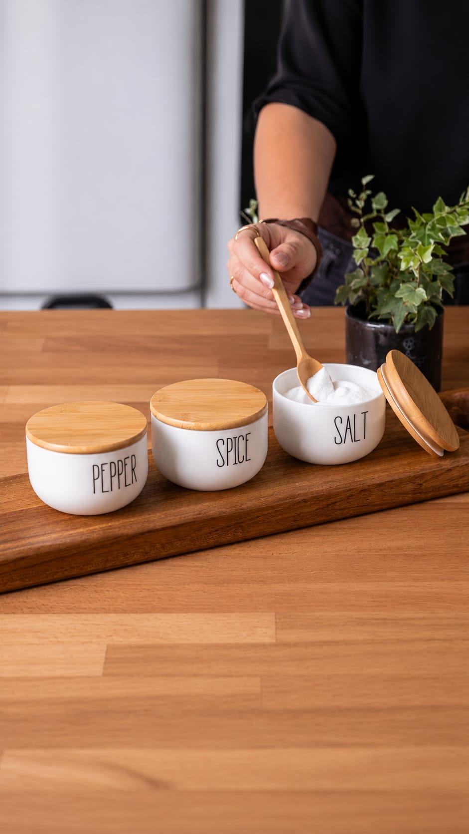 Bambu Kapaklı Baharatlık Seti 3 Adet 370 Ml
