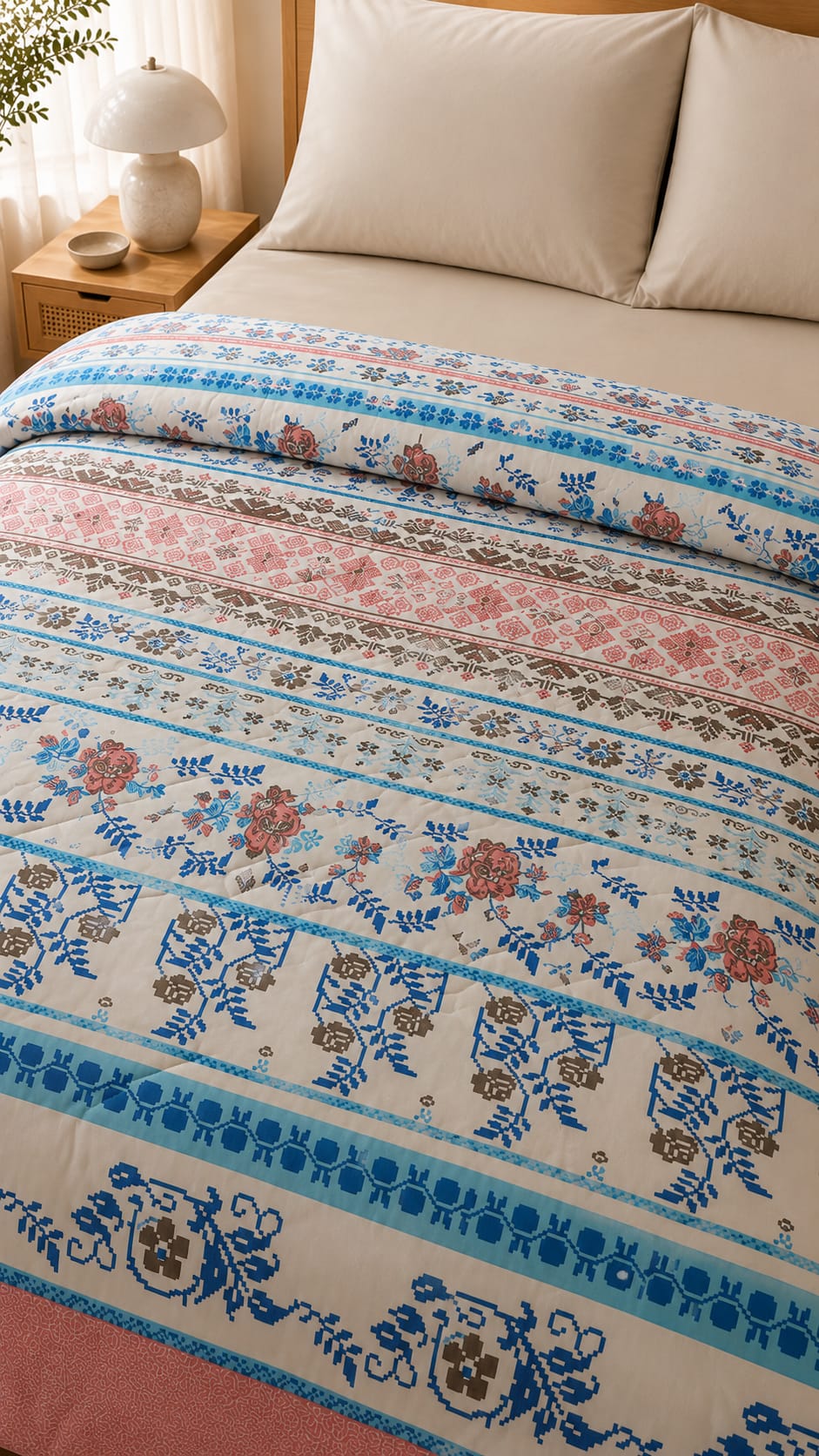 Flora Somon Kanaviçe Desenli Kapitone Yatak Örtüsü